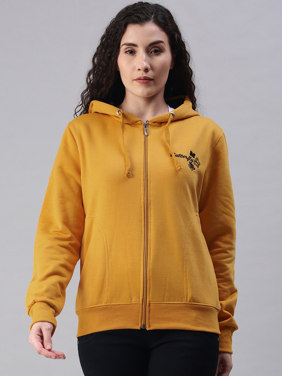 

ADBUCKS Women Mustard Yellow Solid Cotton Sporty Jacket with Embroidered Detail