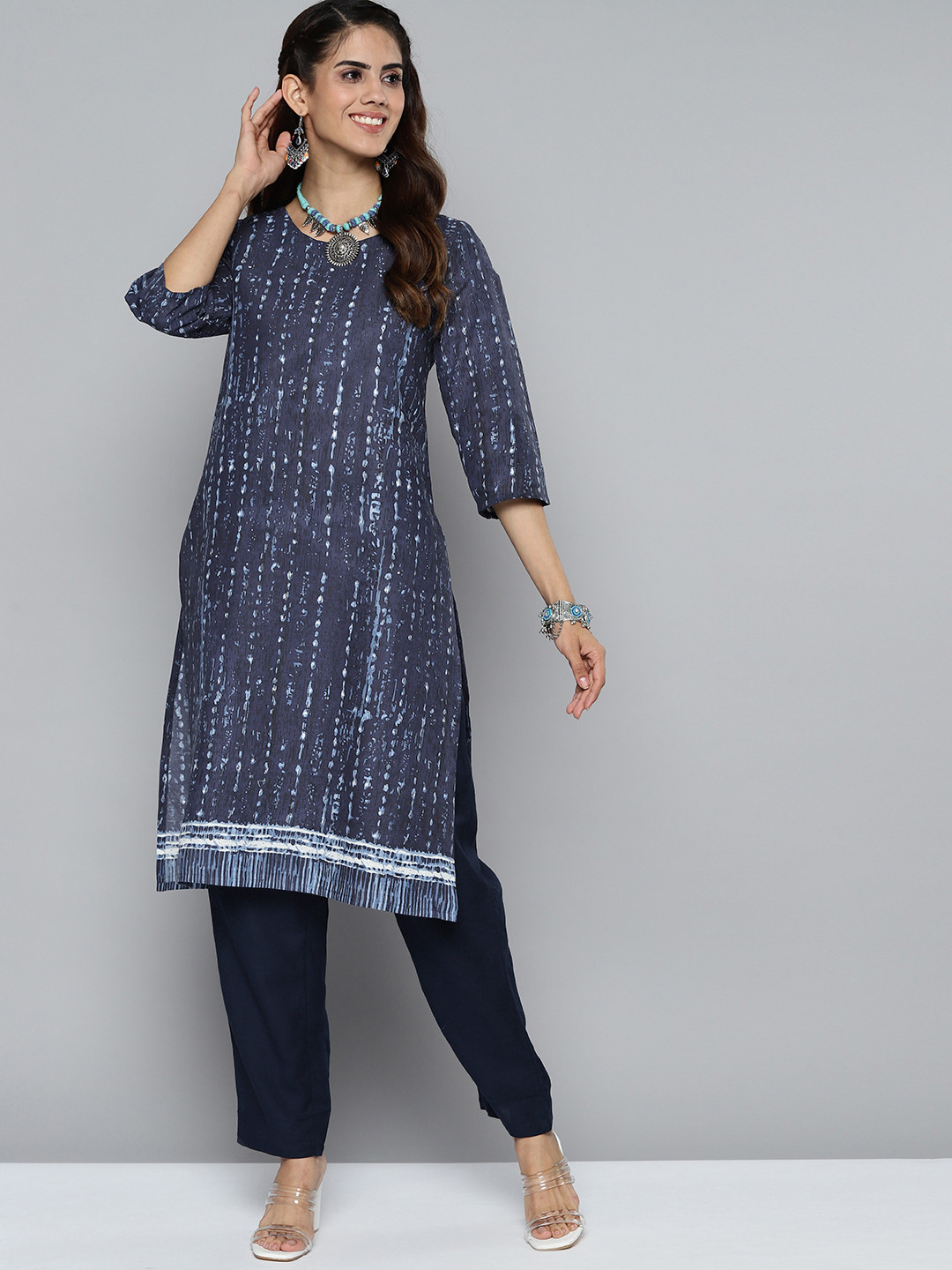 

HERE&NOW Women Navy Blue Printed Cotton Kurta