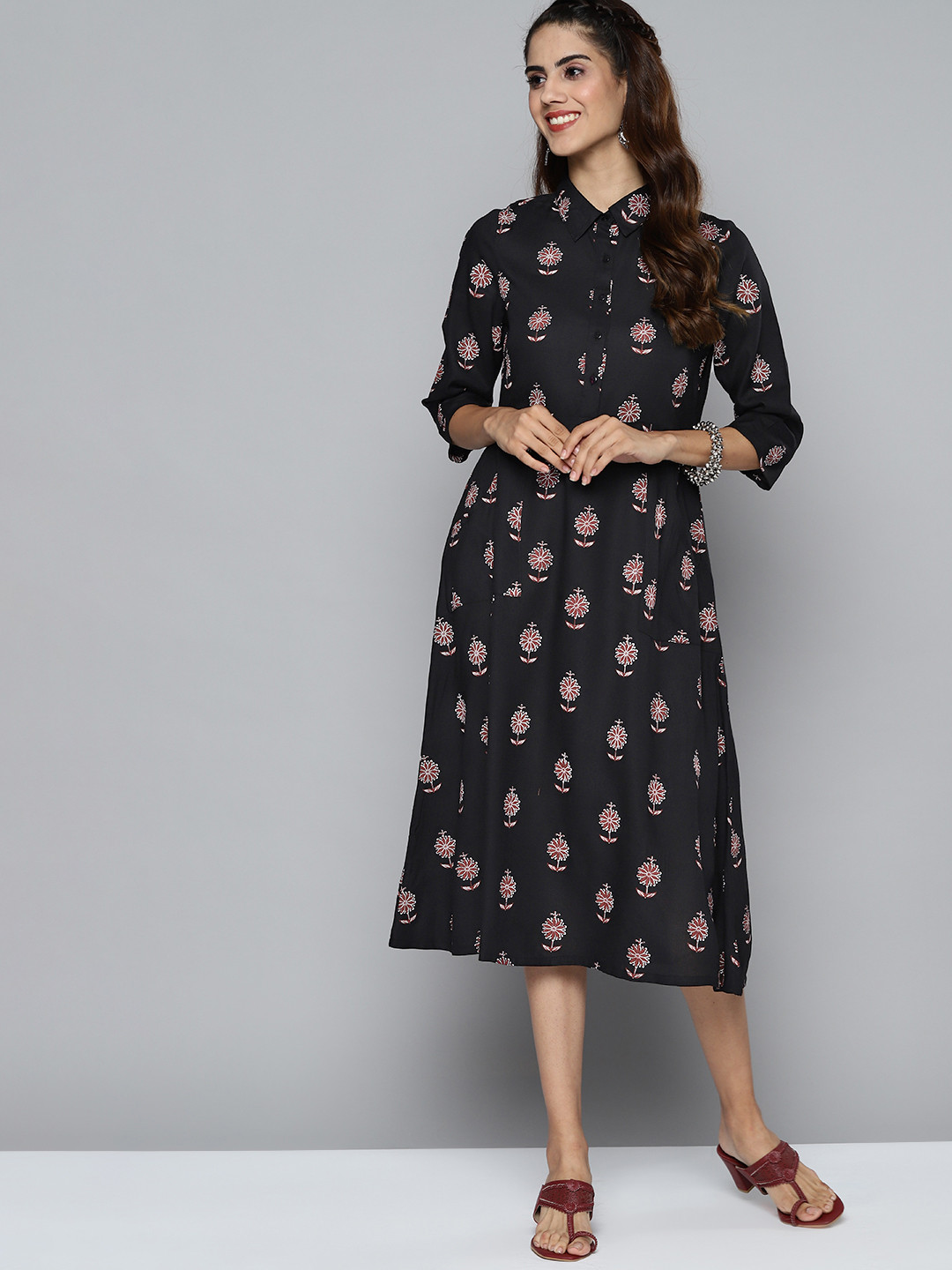 

HERE&NOW Black Ethnic Motif Print Cotton Shirt Dress