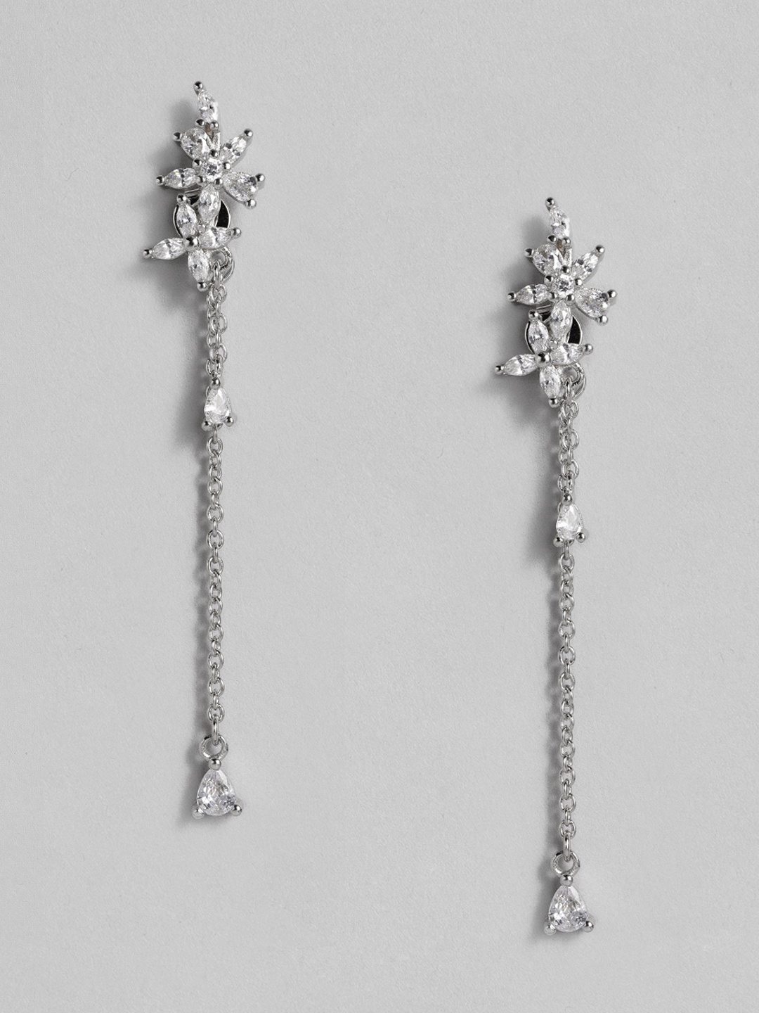 

EL REGALO Silver-Toned AD Studded Floral Shaped Jacket Drop Earrings