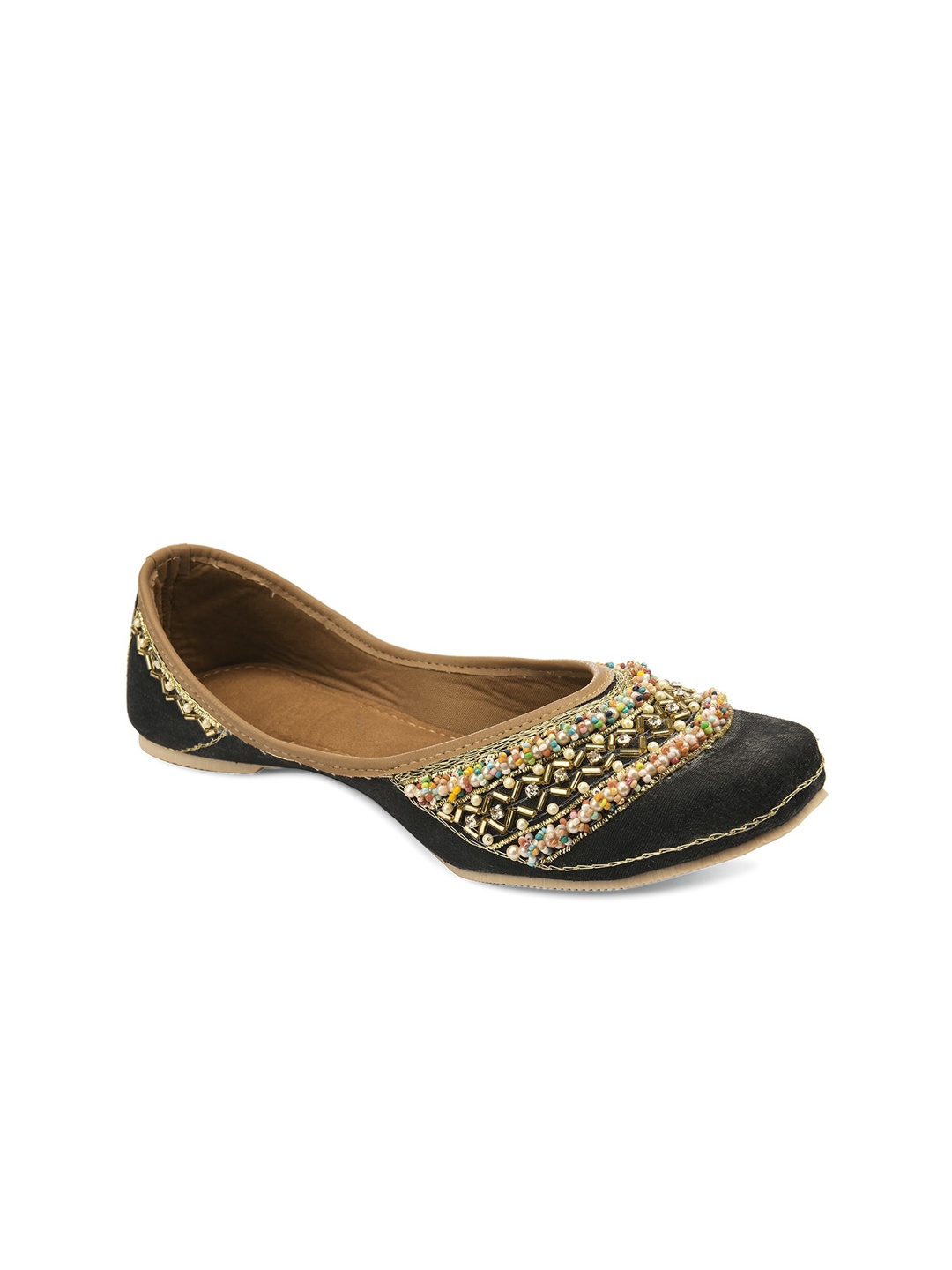 

DESI COLOUR Women Black Embellished Leather Ethnic Mojaris Flats