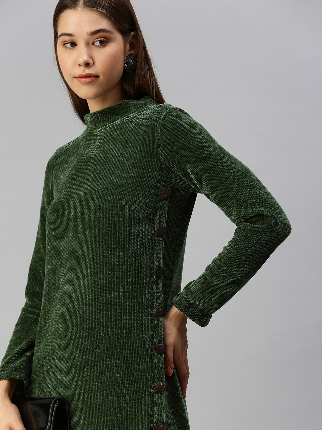

Global Desi Olive Green Ribbed Self Design High Neck Embroidered Polyester Jumper Dress