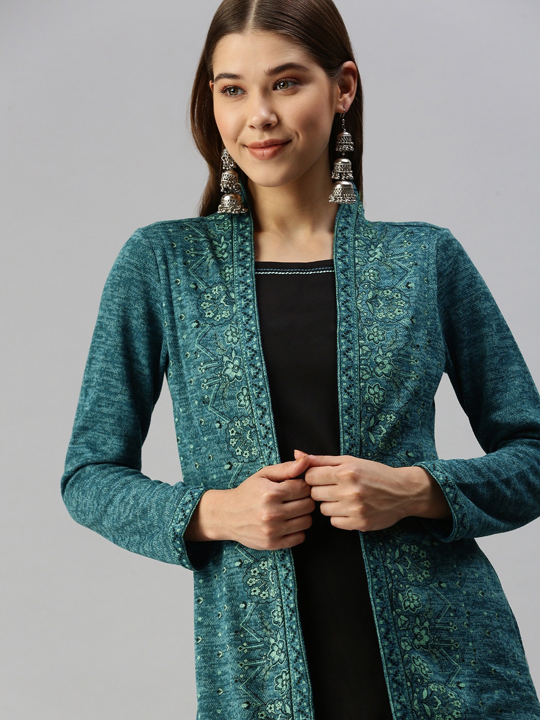 Global Desi Blue & Black Floral A-Line Dress With a Layer