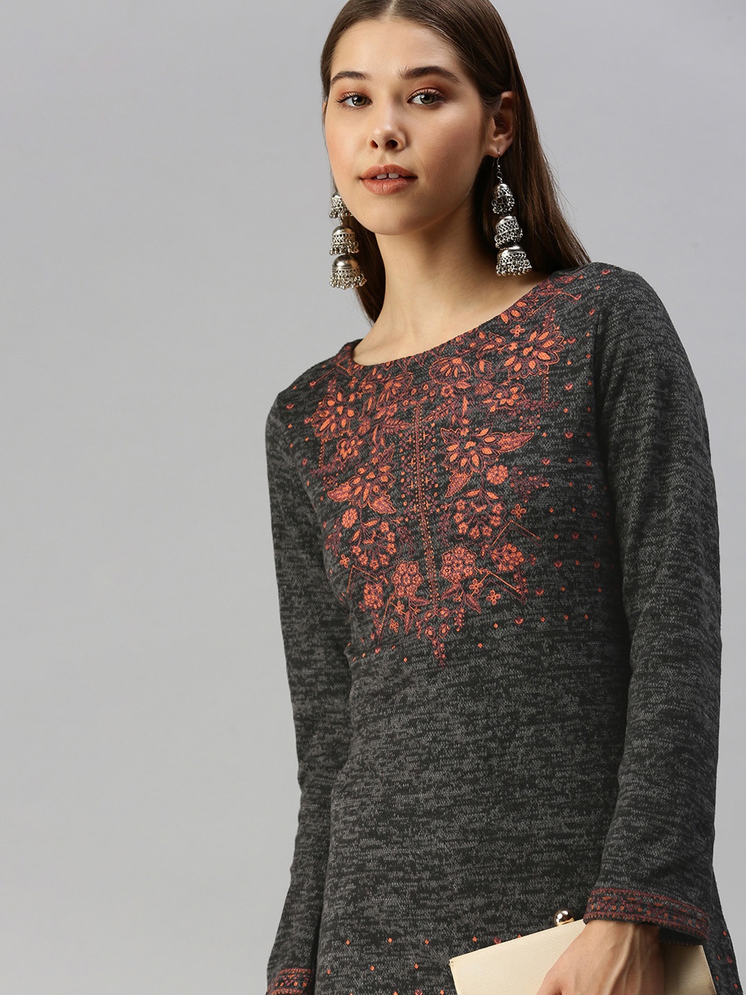 

Global Desi Women Grey & Rust Orange Floral Printed Kurta
