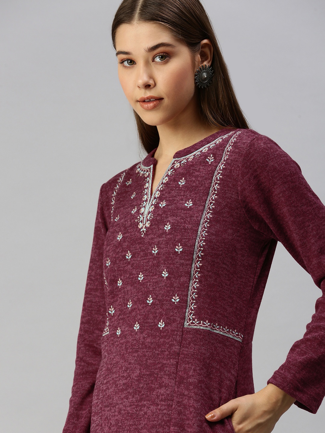 

Global Desi Burgundy Ethnic Motifs Yoke Design Embroidered Sequined Maxi Dress