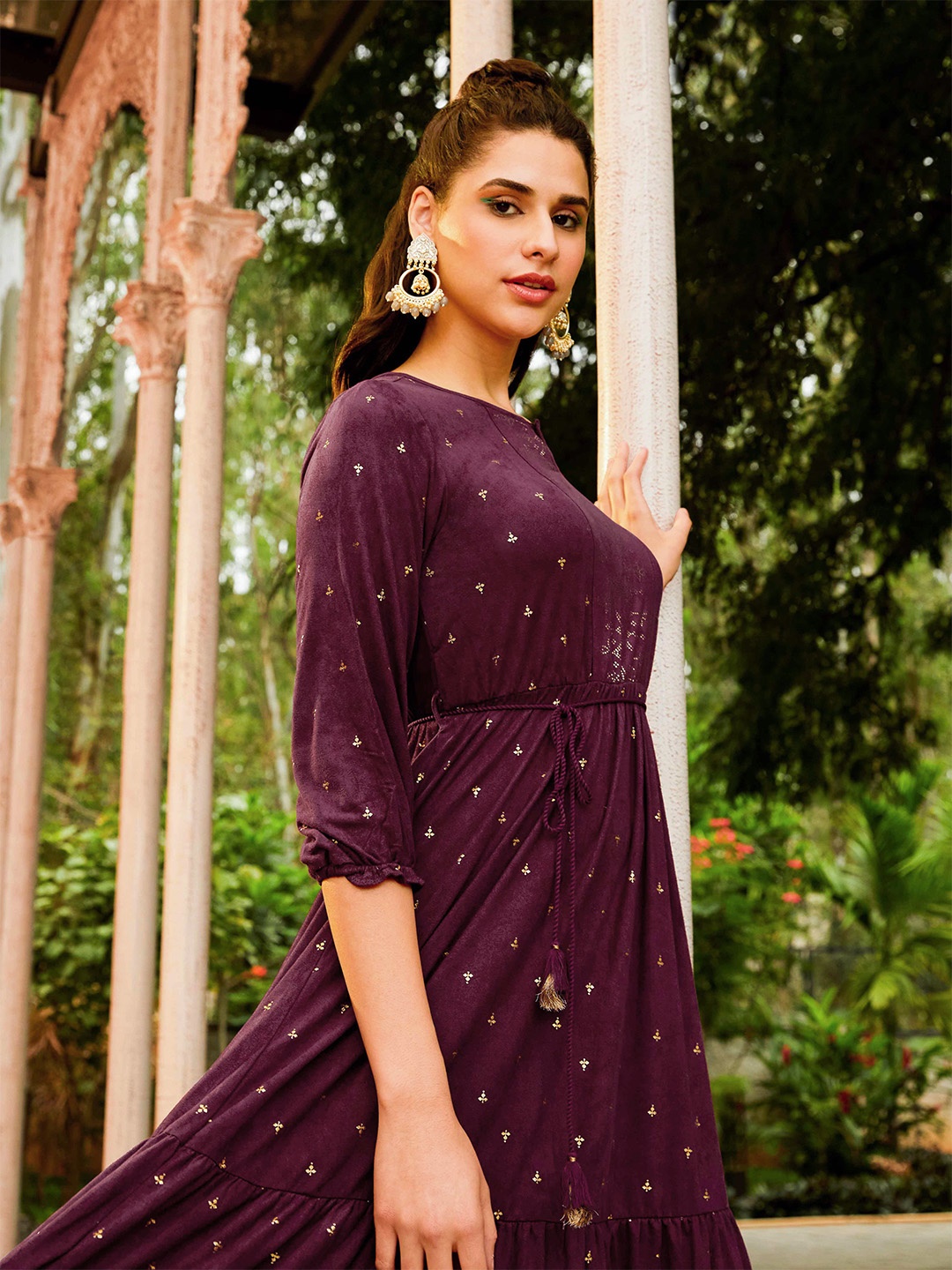 

Global Desi Maroon & Gold-Coloured Ethnic Motifs Printed Keyhole Neck Fit & Flare Dress