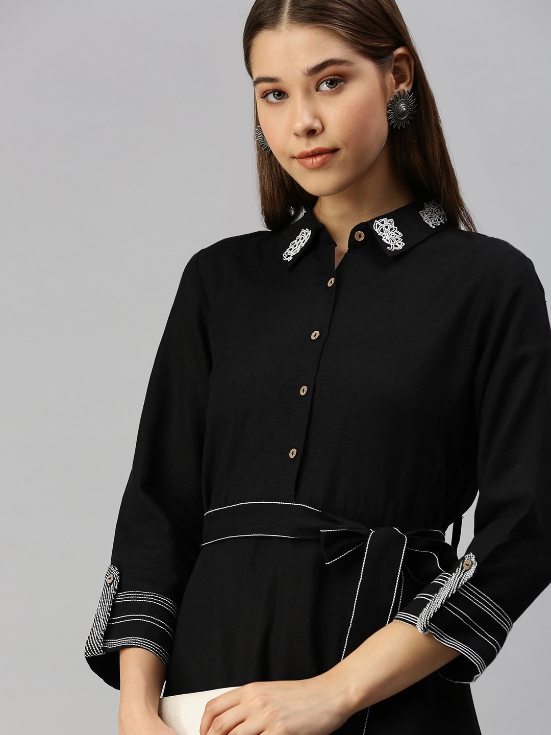 

Global Desi Women Black Solid A-Line Dress