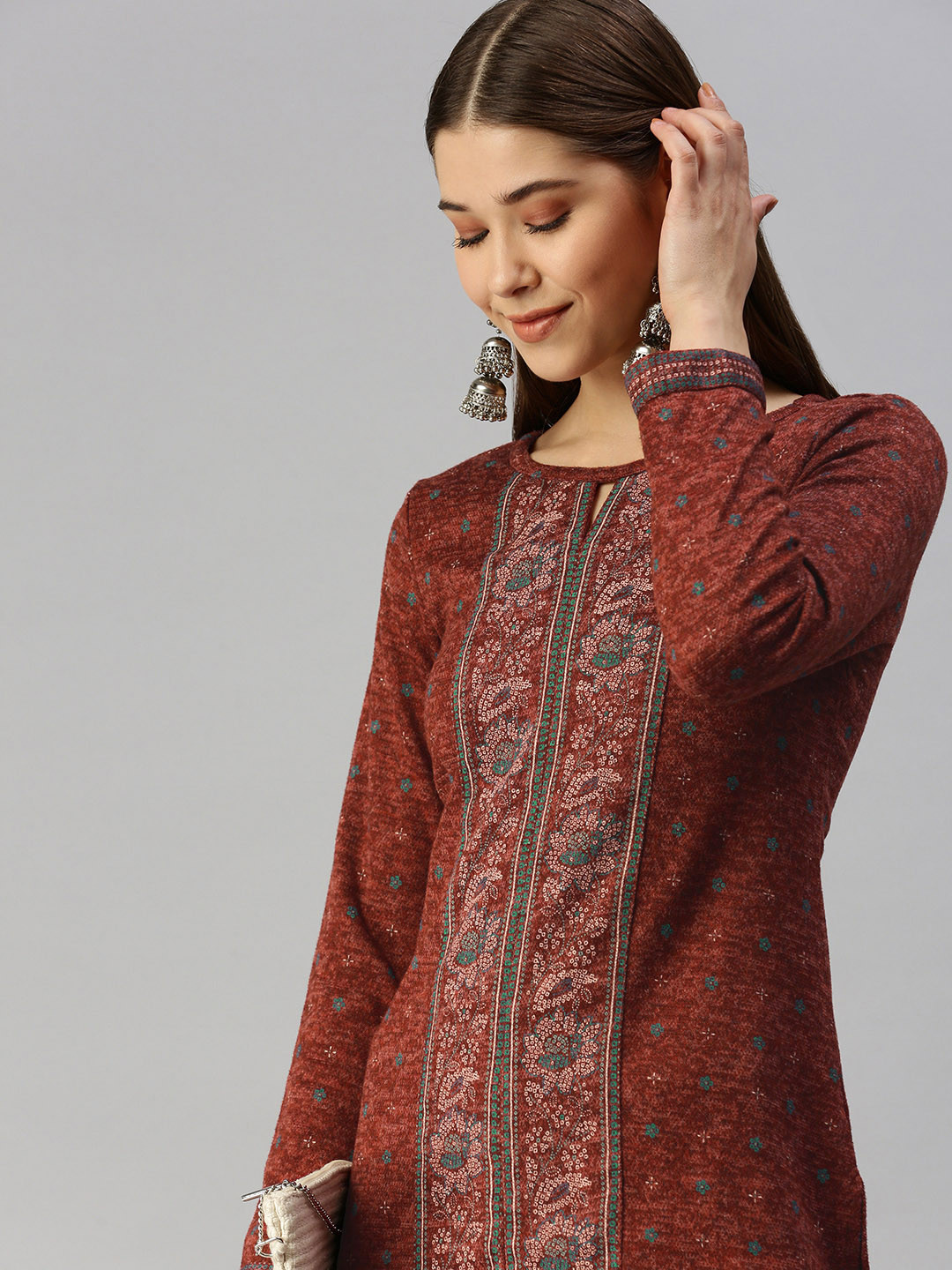 

Global Desi Women Rust & Green Floral Printed Kurta