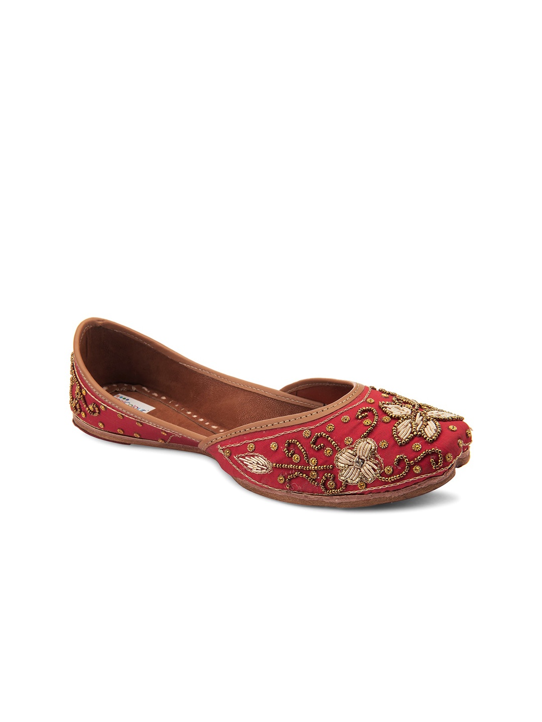 

DESI COLOUR Women Red Embellished Leather Ethnic Mojaris Flats