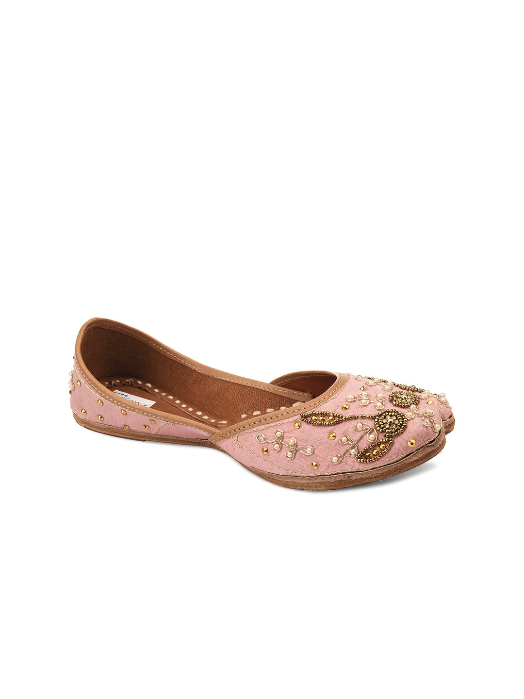 

DESI COLOUR Women Pink Embellished Leather Ethnic Mojaris Flats