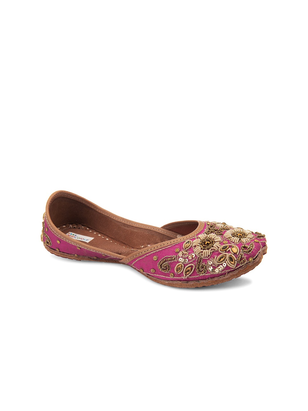 

DESI COLOUR Women Pink Embellished Leather Ethnic Mojaris Flats