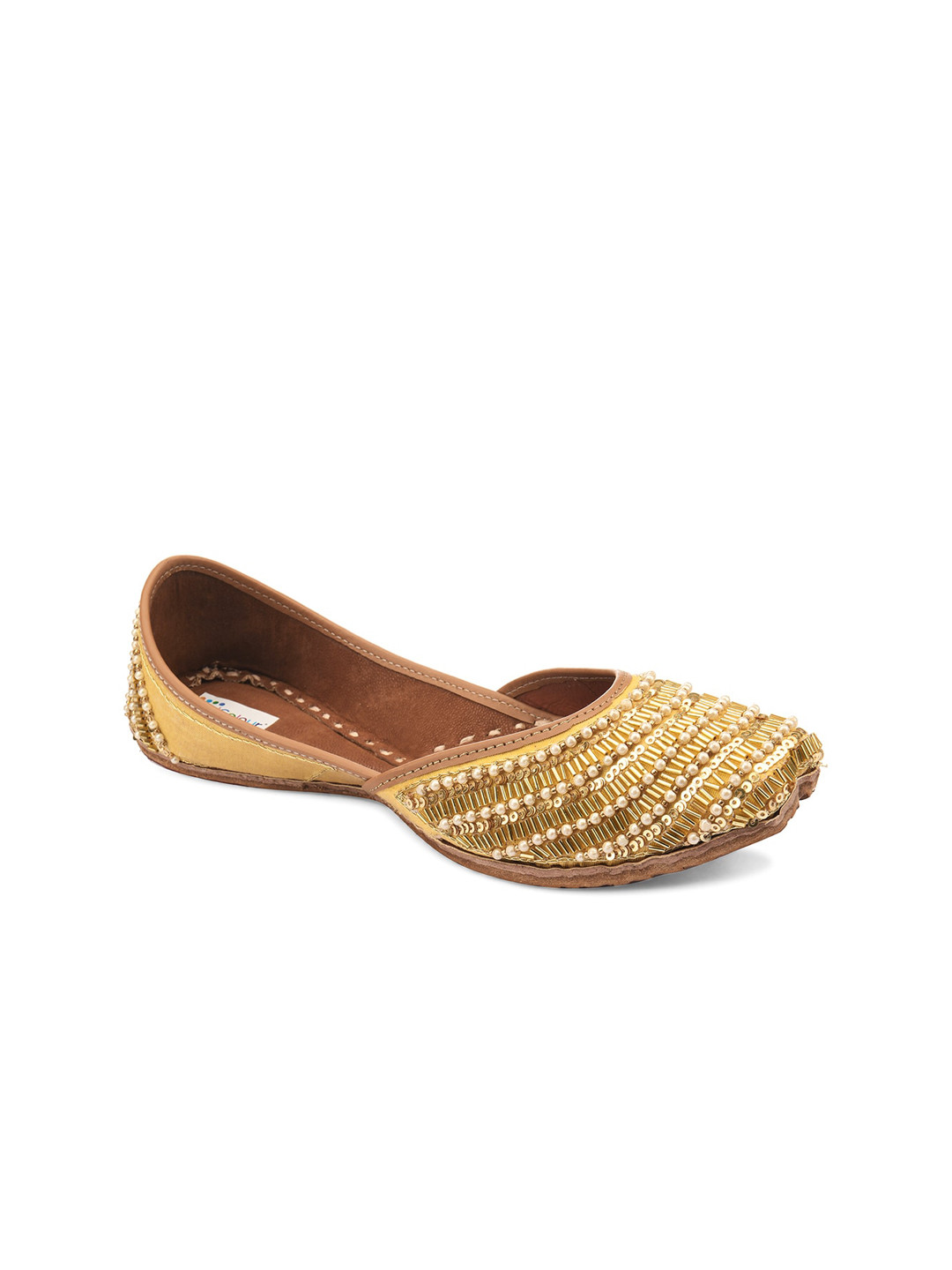

DESI COLOUR Women Gold-Toned Embellished Leather Ethnic Mojaris Flats