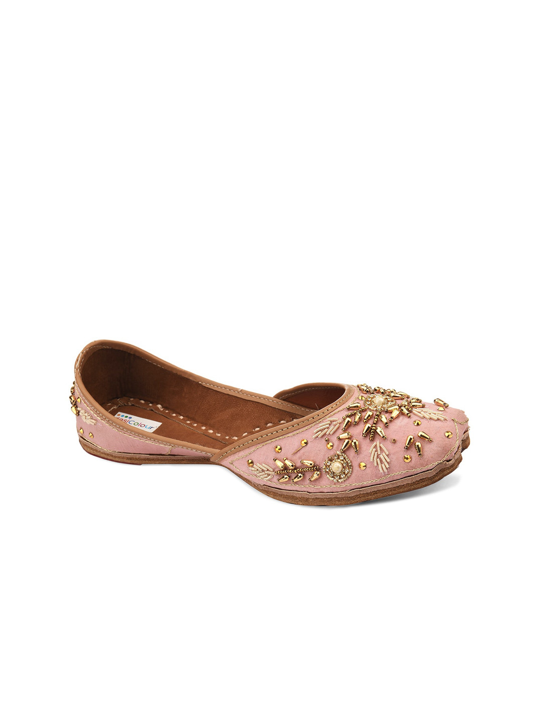 

DESI COLOUR Women Pink Embellished Leather Ethnic Mojaris Flats