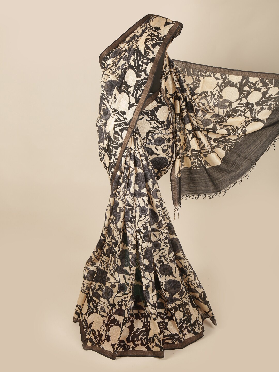 

Pothys Black & Cream-Coloured Floral Pure Silk Saree