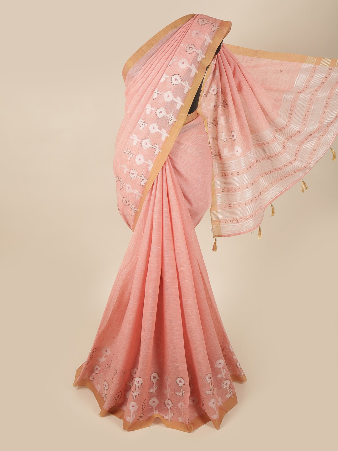 

Pothys Peach-Coloured & White Beads and Stones Linen Blend Saree