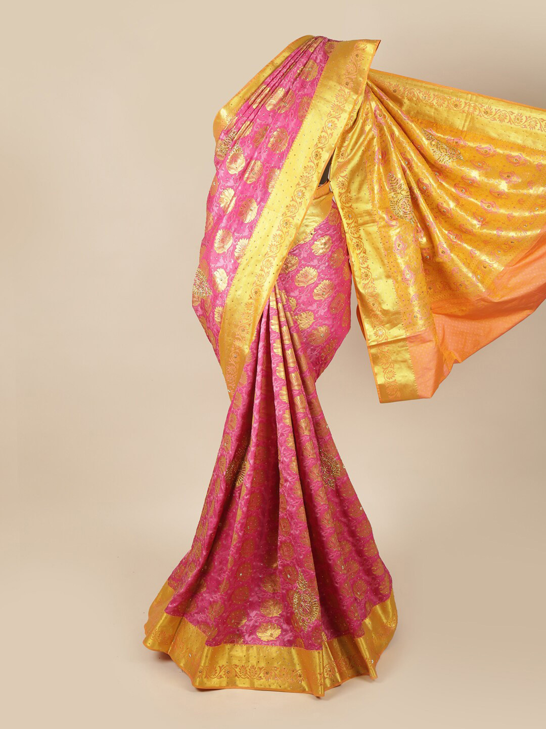 

Pothys Pink & Yellow Floral Zari Art Silk Saree