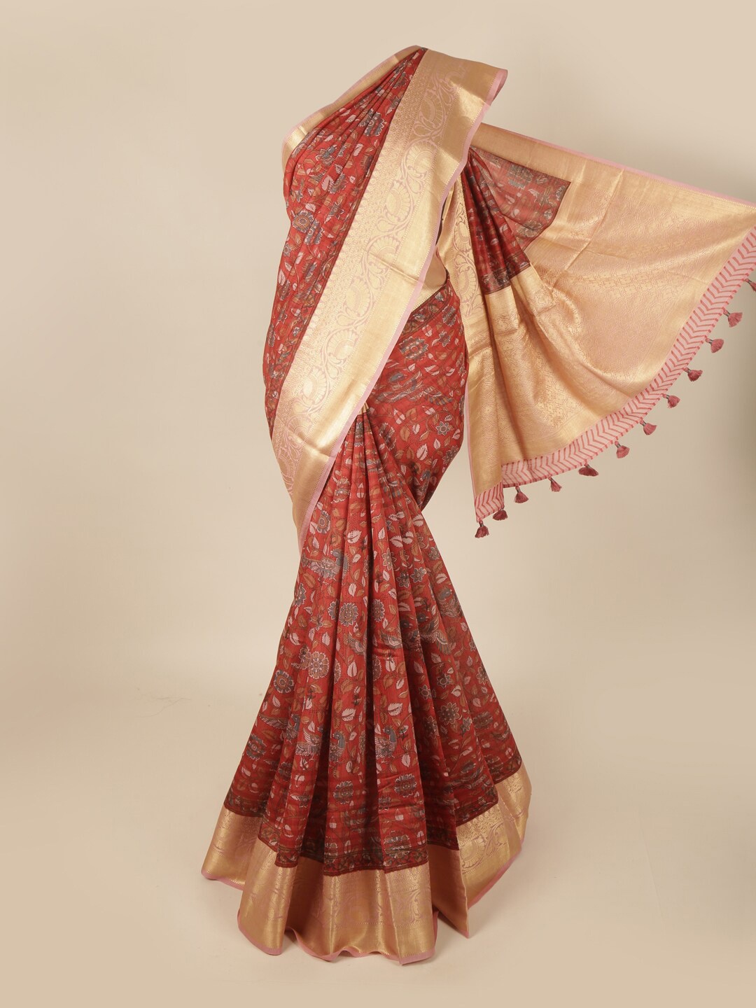 

Pothys Maroon & Gold-Toned Floral Zari Art Silk Banarasi Saree