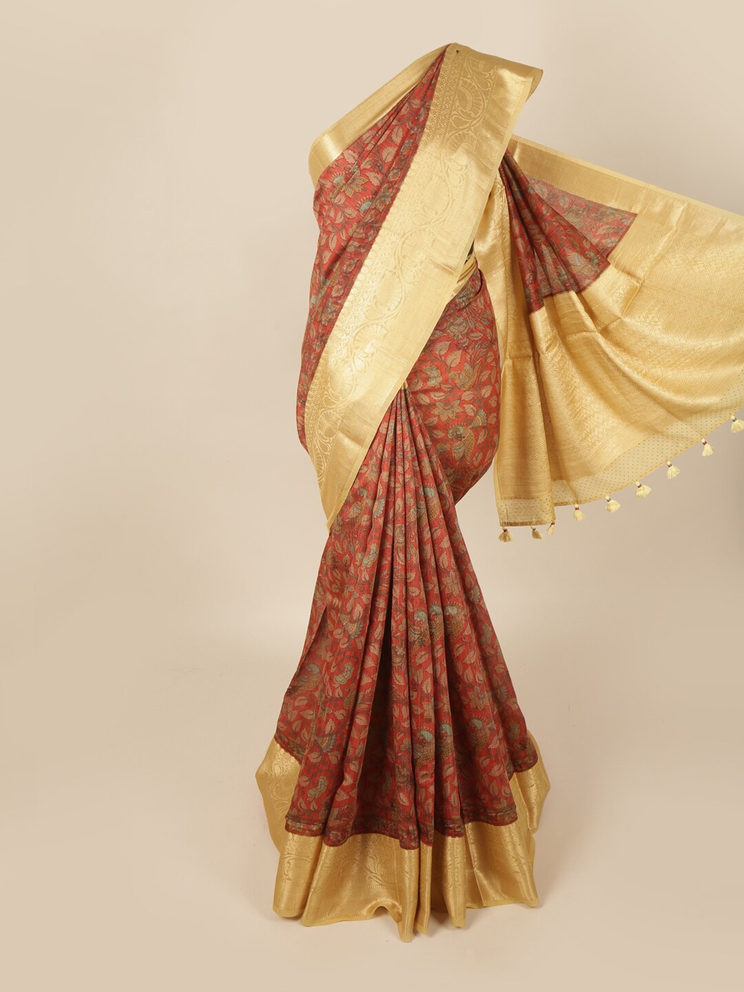 

Pothys Red & Gold-Toned Floral Zari Art Silk Banarasi Saree