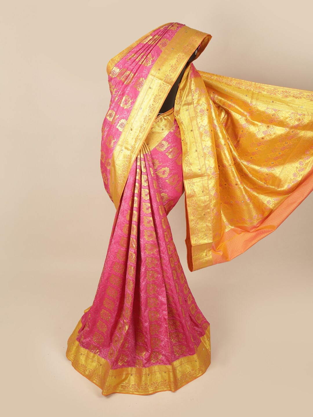 

Pothys Pink & Gold-Toned Ethnic Motifs Zari Art Silk Saree