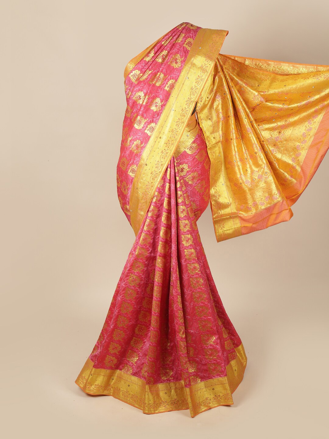 

Pothys Pink & Yellow Woven Design Beads and Stones Art Silk Saree