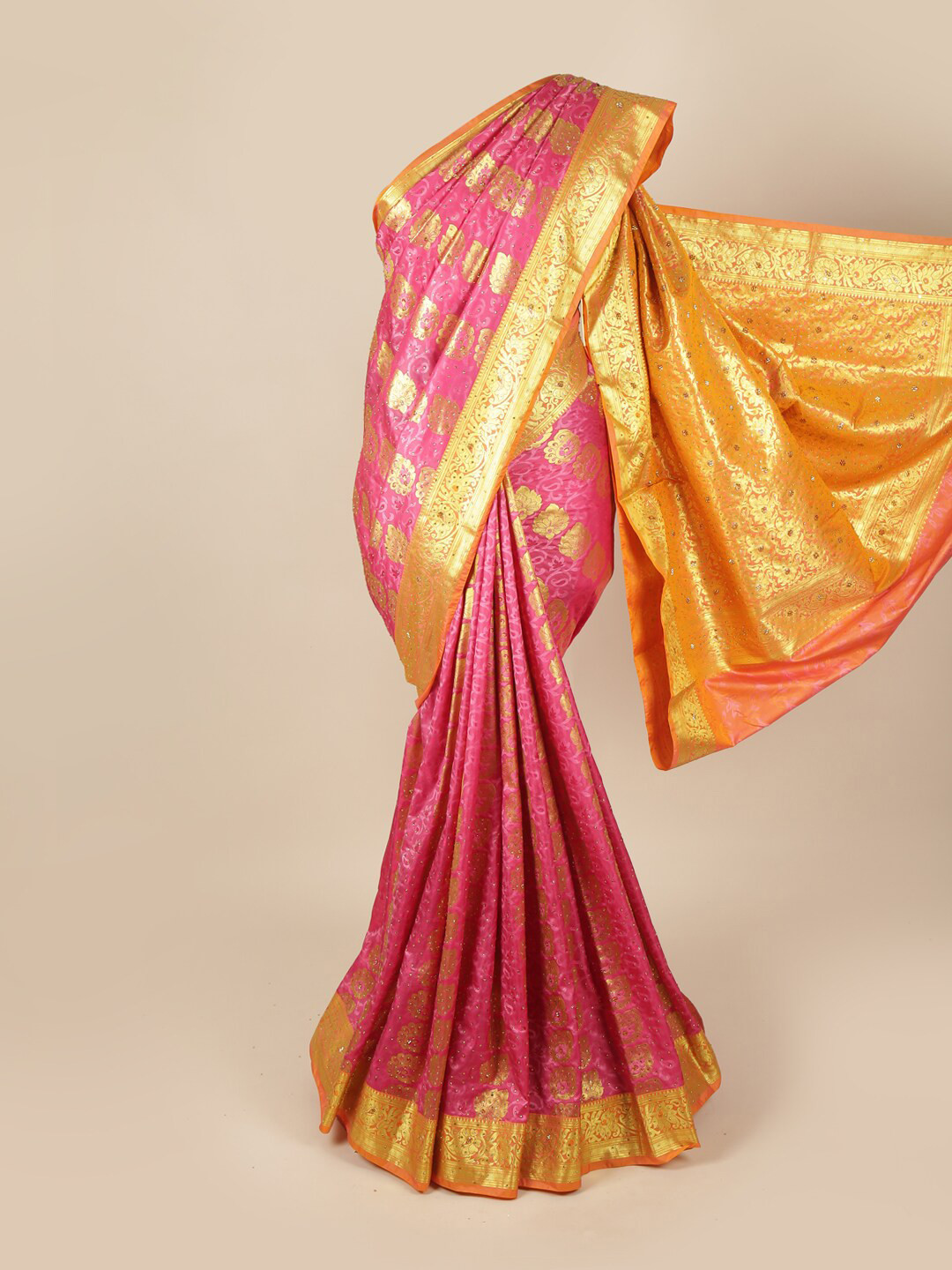 

Pothys Pink & Orange Ethnic Motifs Beads and Stones Art Silk Saree