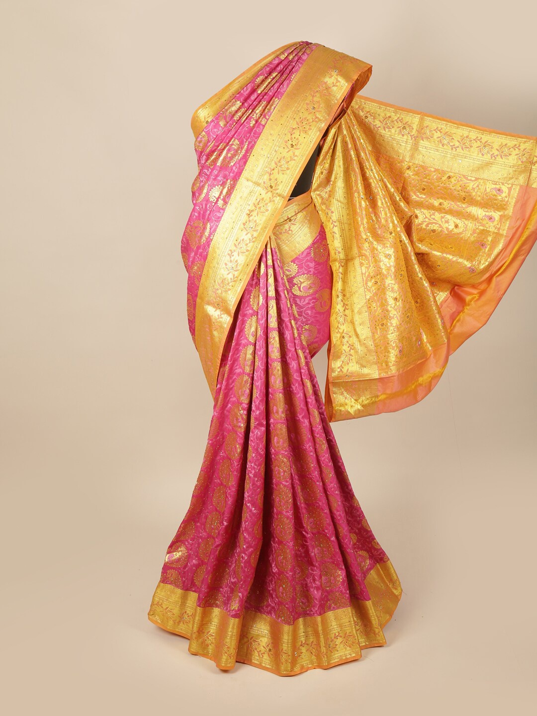 

Pothys Pink & Orange Ethnic Motifs Art Silk Saree