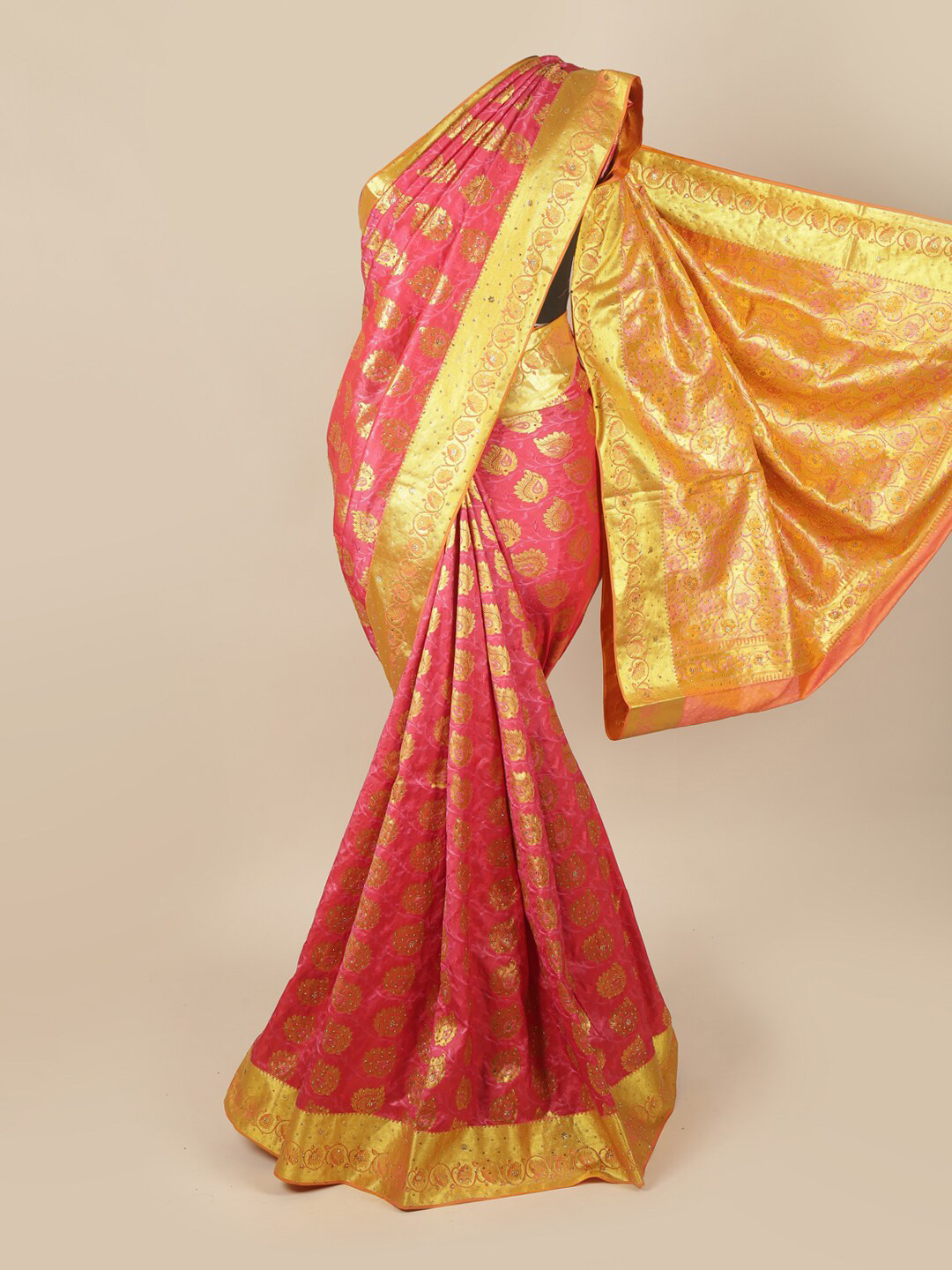 

Pothys Pink & Yellow Ethnic Motifs Beads and Stones Art Silk Saree