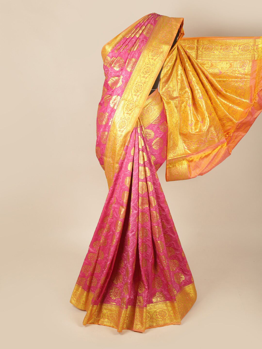 

Pothys Pink & Yellow Ethnic Motifs Zari Art Silk Saree