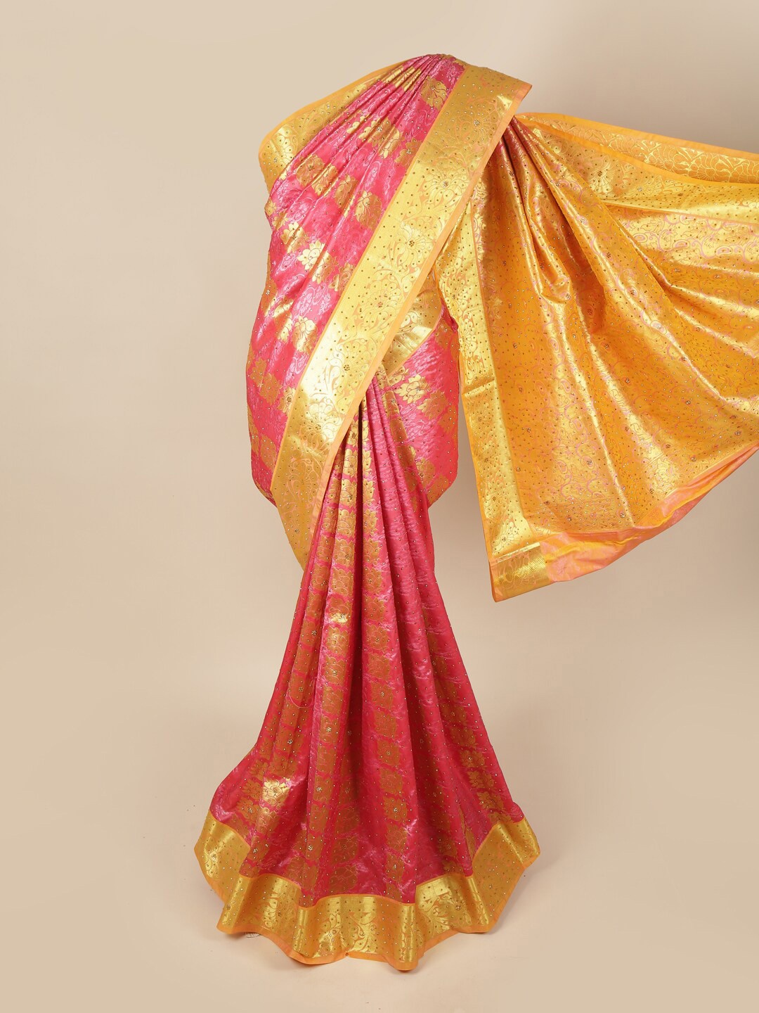 

Pothys Pink & Yellow Ethnic Motifs Beads & Stones Art Silk Saree