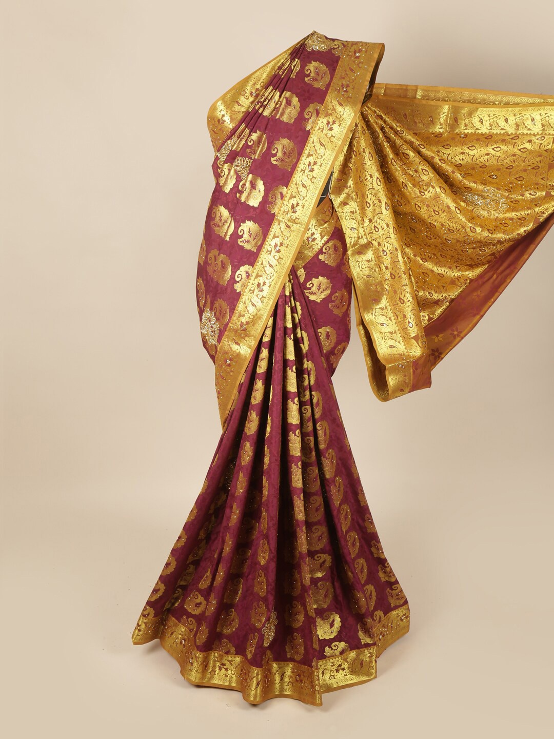 

Pothys Maroon & Gold-Toned Woven Design Art Silk Saree