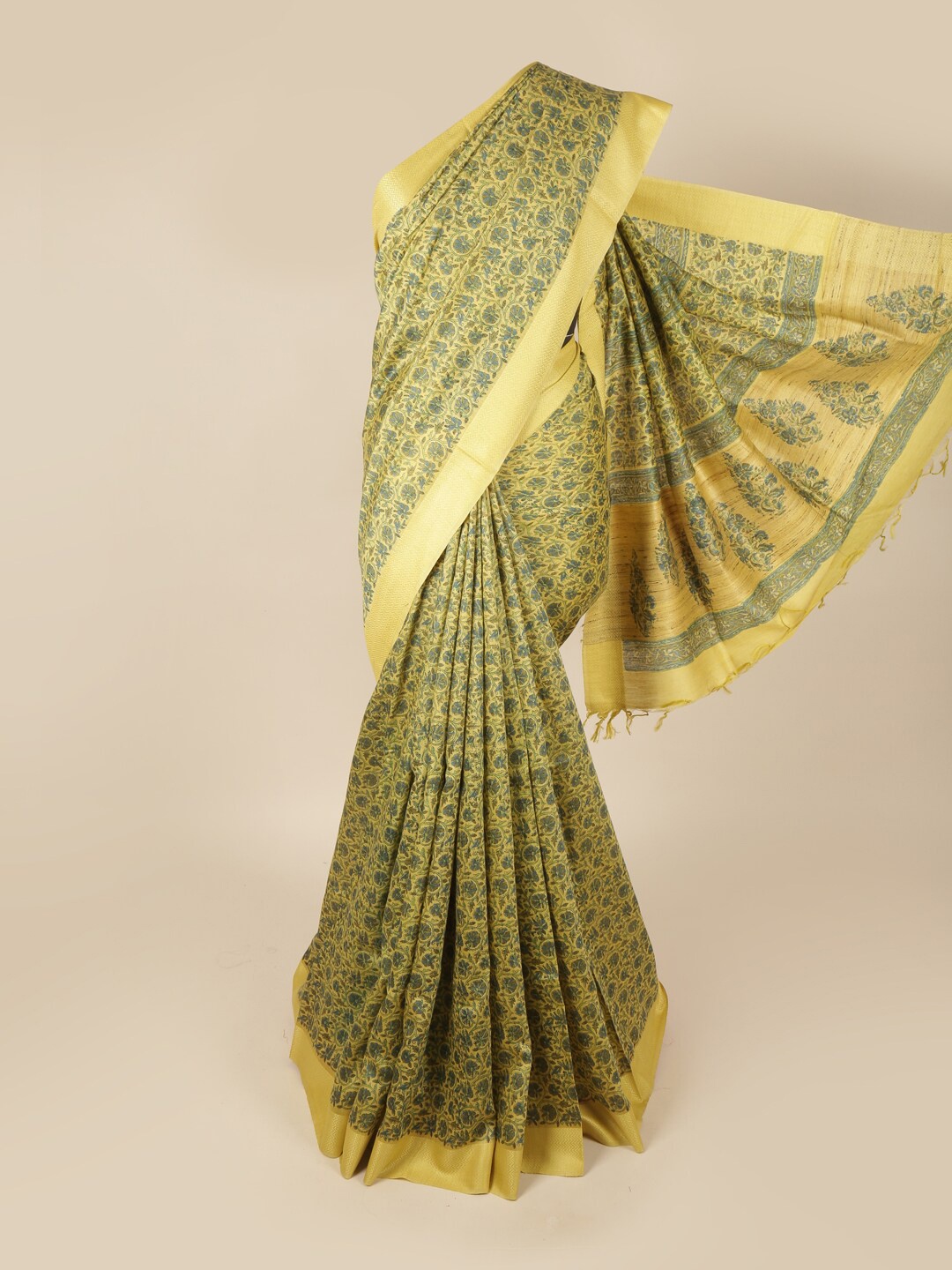 

Pothys Green & Yellow Ethnic Motifs Art Silk Banarasi Saree