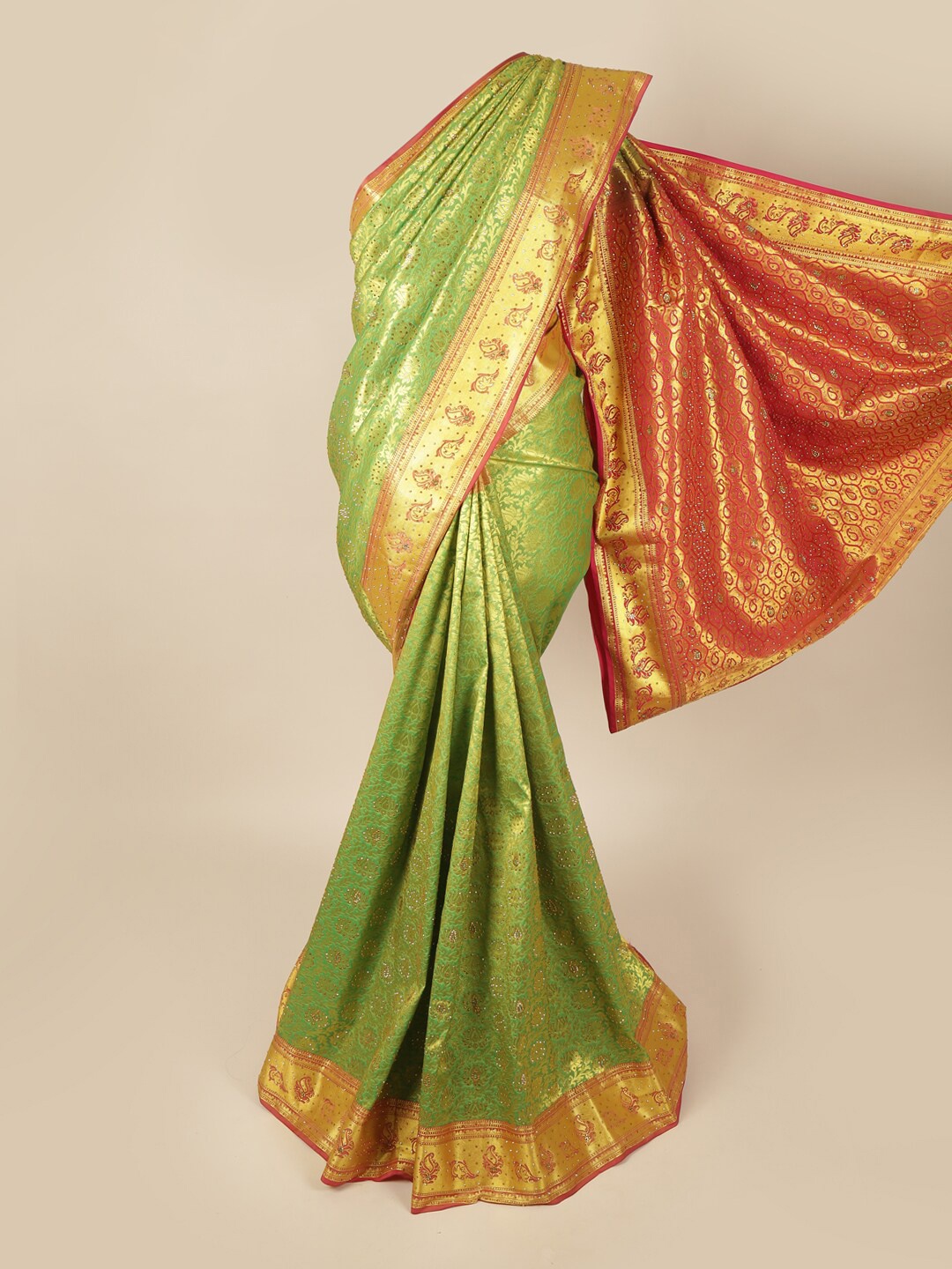 

Pothys Green & Orange Woven Design Beads and Stones Art Silk Saree