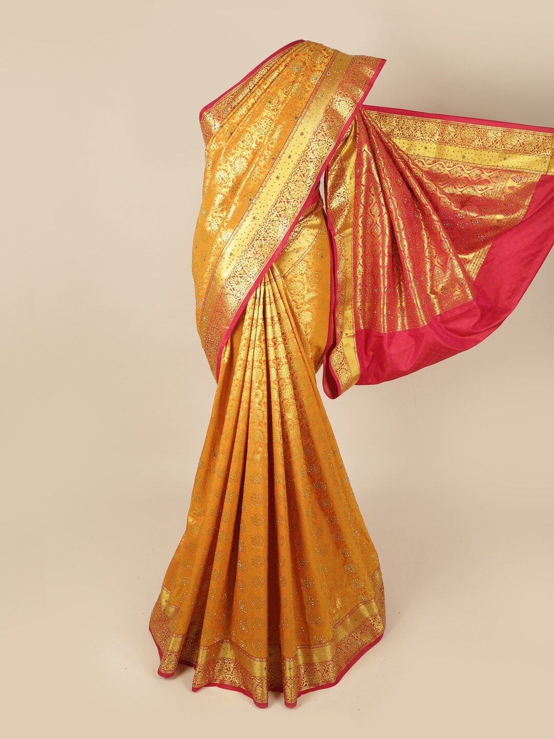 

Pothys Mustard & Pink Woven Design Beads and Stones Art Silk Saree
