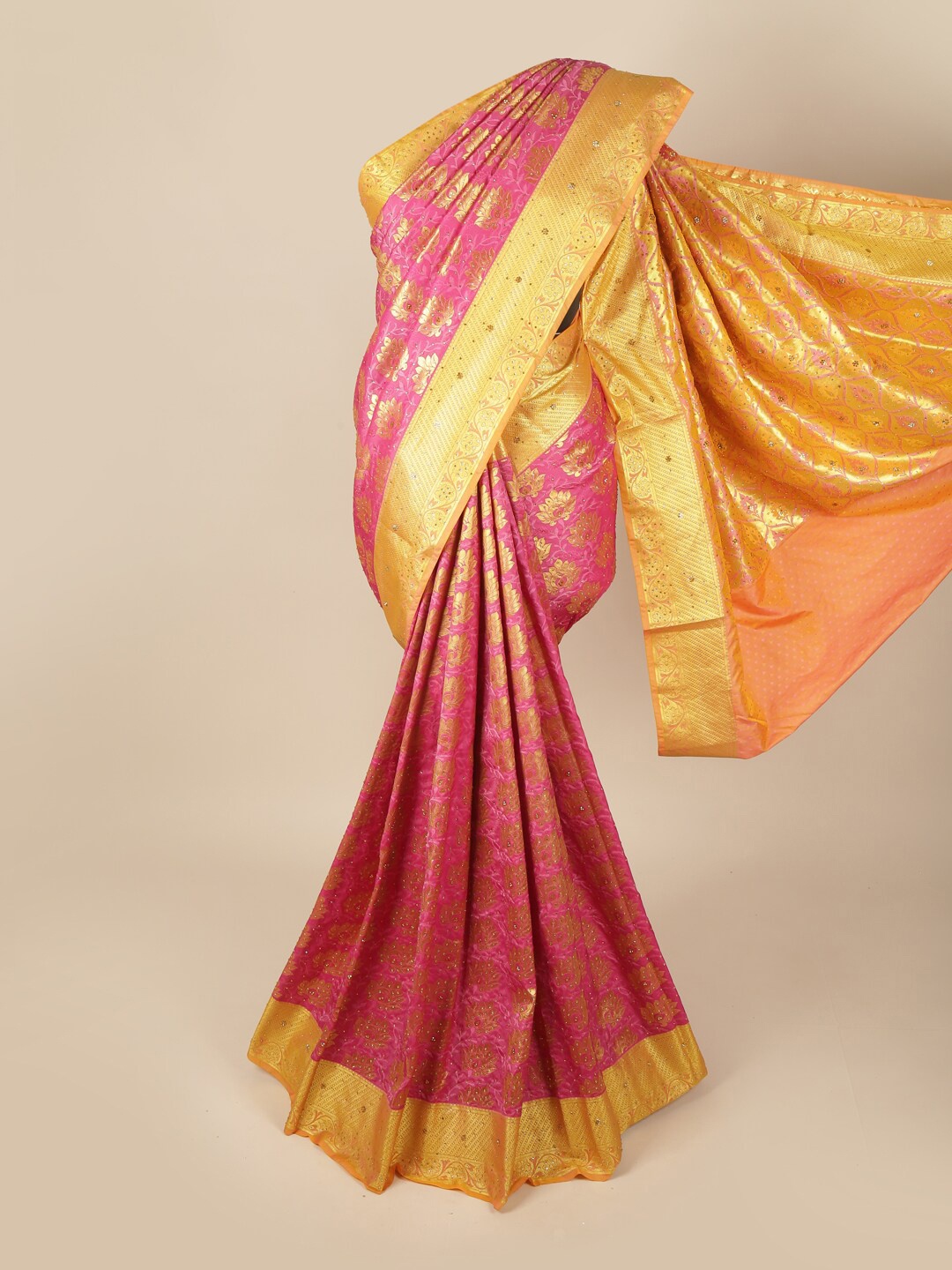 

Pothys Pink & Orange Ethnic Motifs Beads and Stones Art Silk Saree