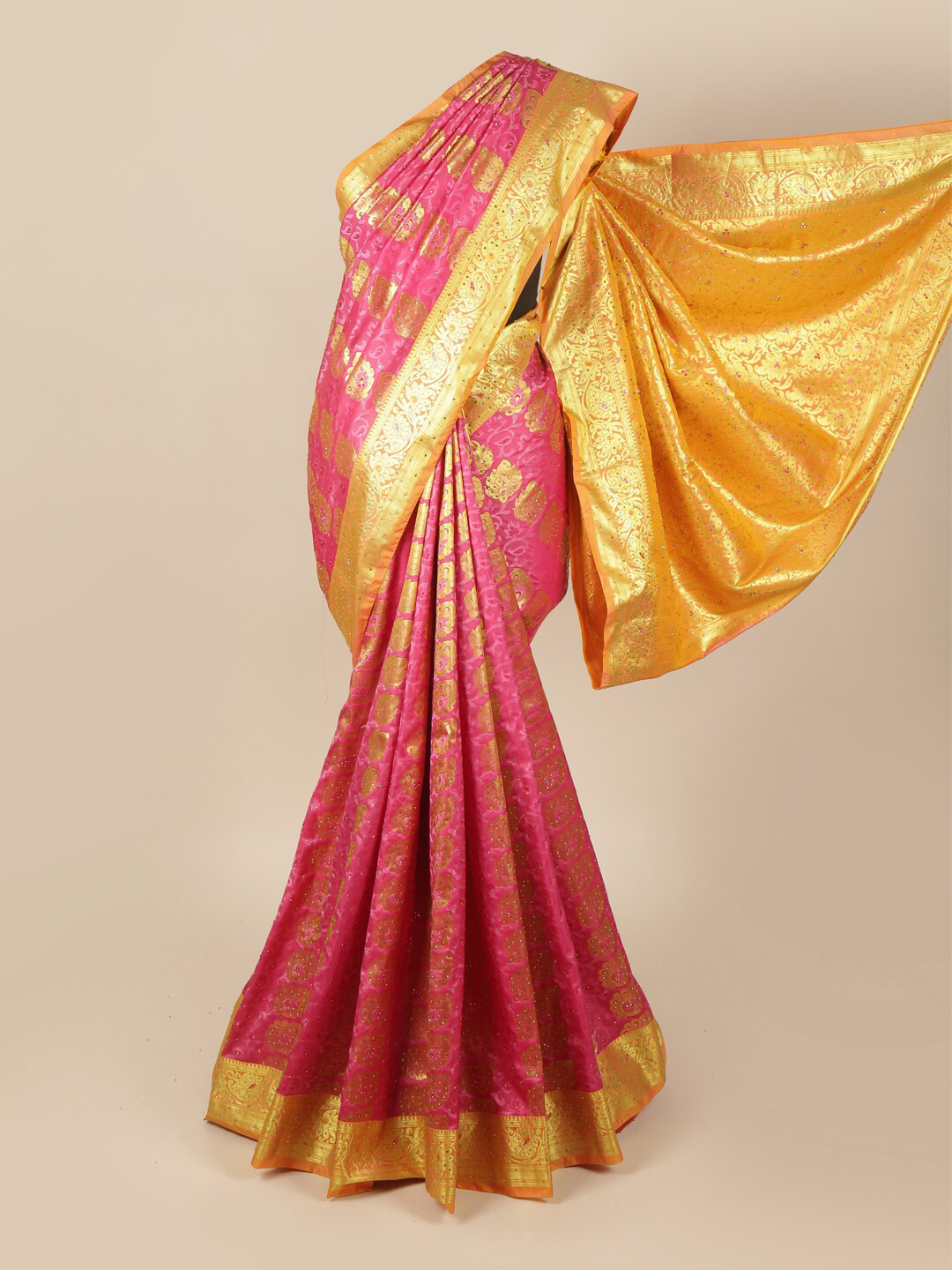 

Pothys Pink & Yellow Woven Design Beads and Stones Art Silk Saree