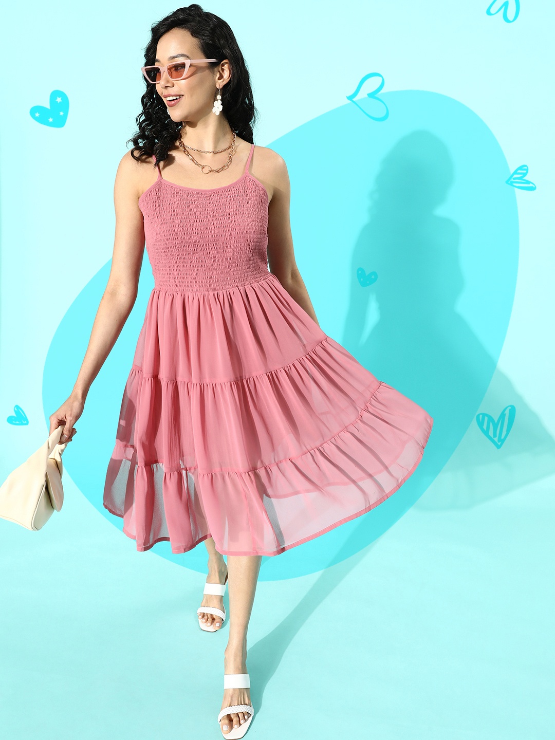 

plusS Women Pretty Pink Solid Smocked Dress