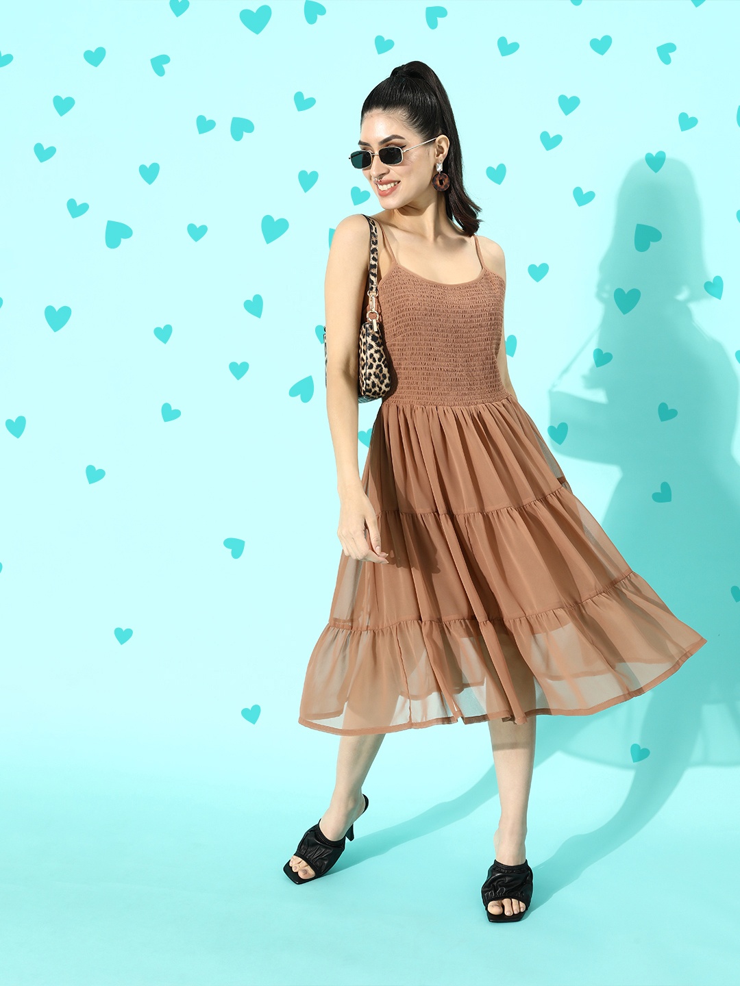 

plusS Women Chic Brown Solid Smocked Dress
