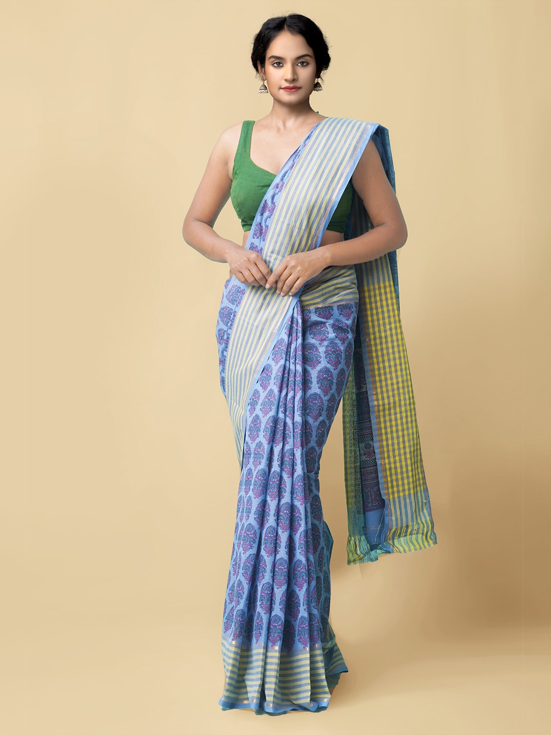 

Unnati Silks Blue & Yellow Ethnic Motifs Pure Cotton Mangalagiri Saree
