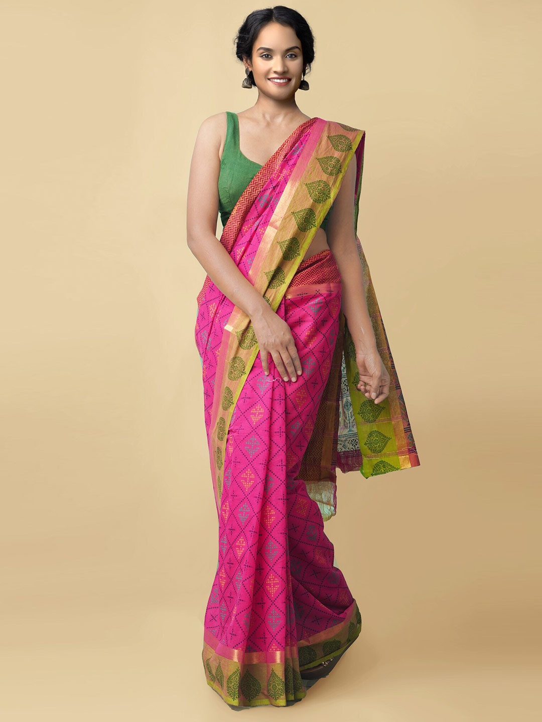 

Unnati Silks Pink & Blue Pure Cotton Mangalagiri Saree