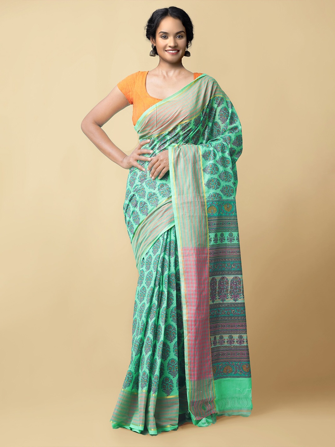 

Unnati Silks Green Printed Mangalagiri Pure Cotton Saree