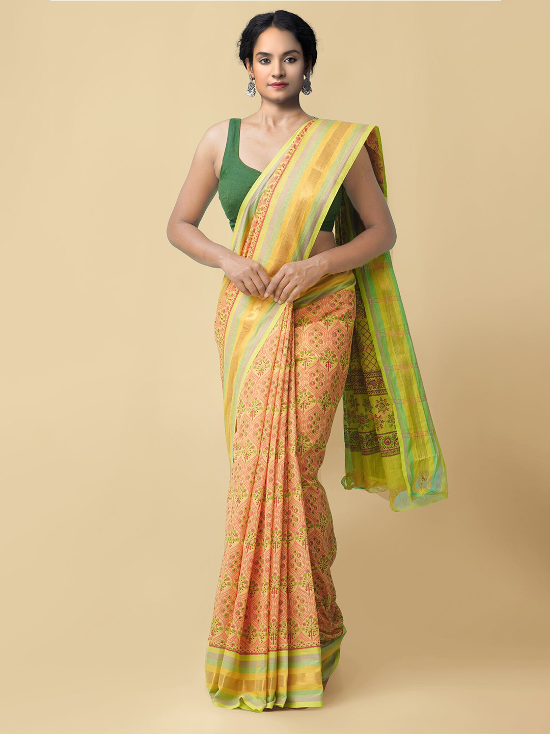 

Unnati Silks Yellow & Green Ethnic Motifs Pure Cotton Mangalagiri Saree