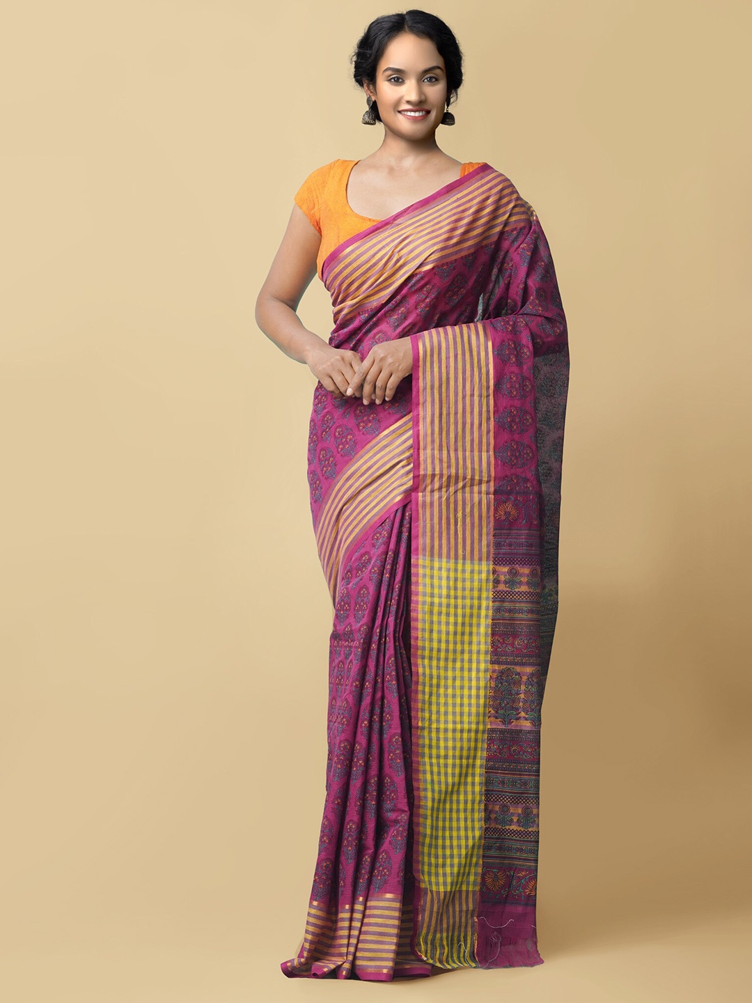 

Unnati Silks Pink & Yellow Ethnic Motifs Pure Cotton Mangalagiri Saree