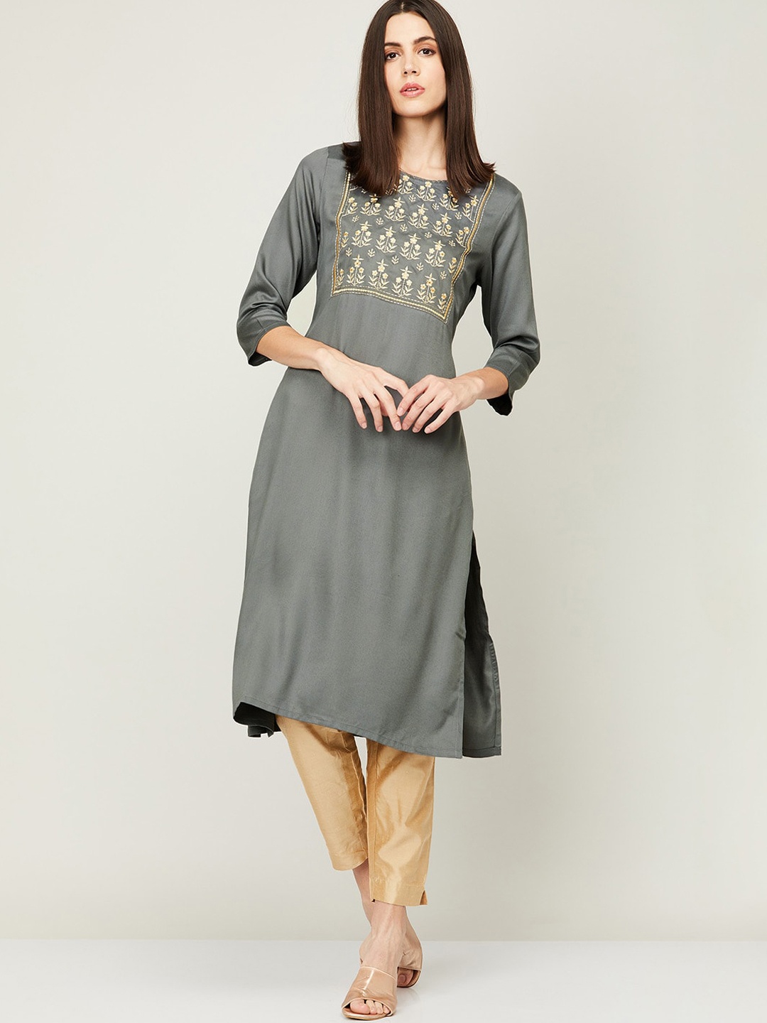 

Melange by Lifestyle Women Grey Ethnic Motifs Yoke Design Thread Work Kurta