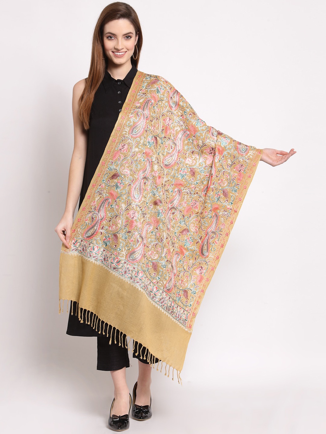 

Anekaant Women Beige & Pink Embroidered Woolen Shawl