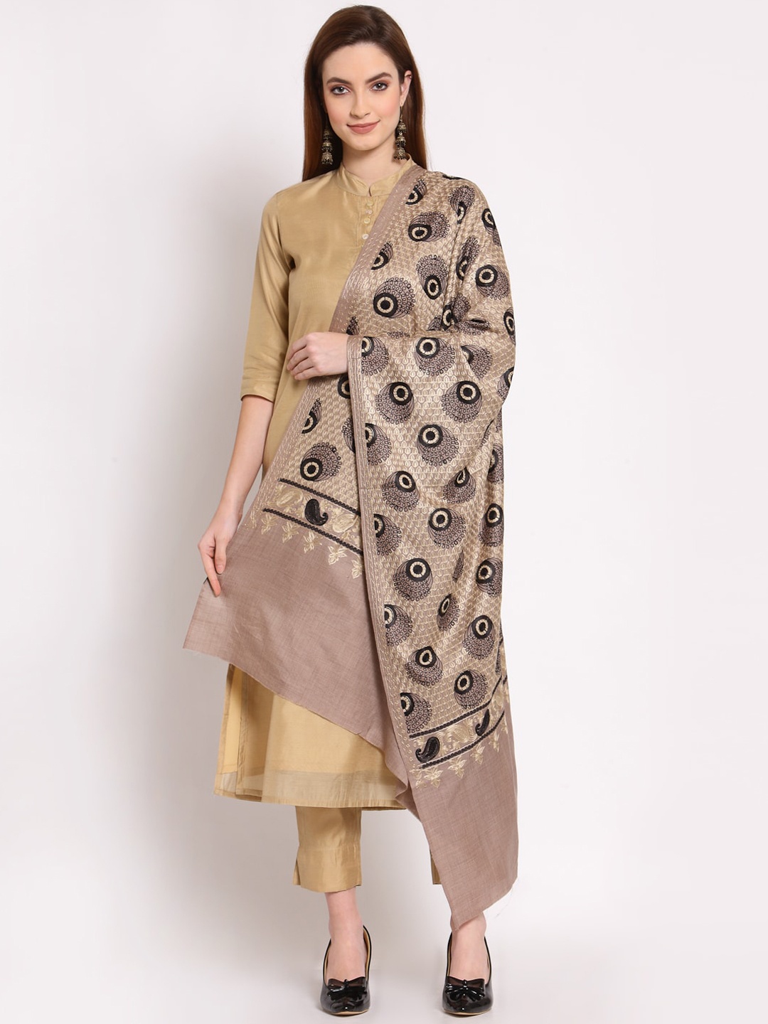 

Anekaant Women Taupe & Black Ethnic Motifs Embroidered Woollen Shawl