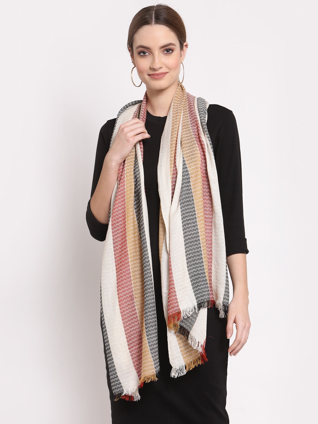 

Anekaant Women White & Black Striped Scarf