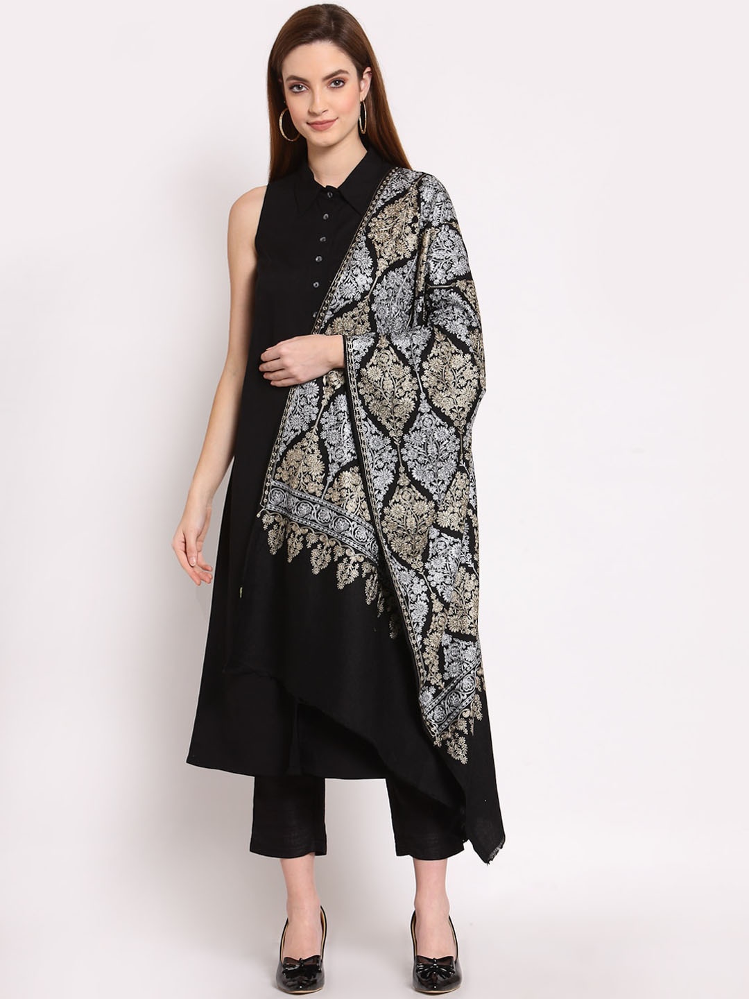 

Anekaant Women Black & Silver-Coloured Embroidered Woolen Shawl