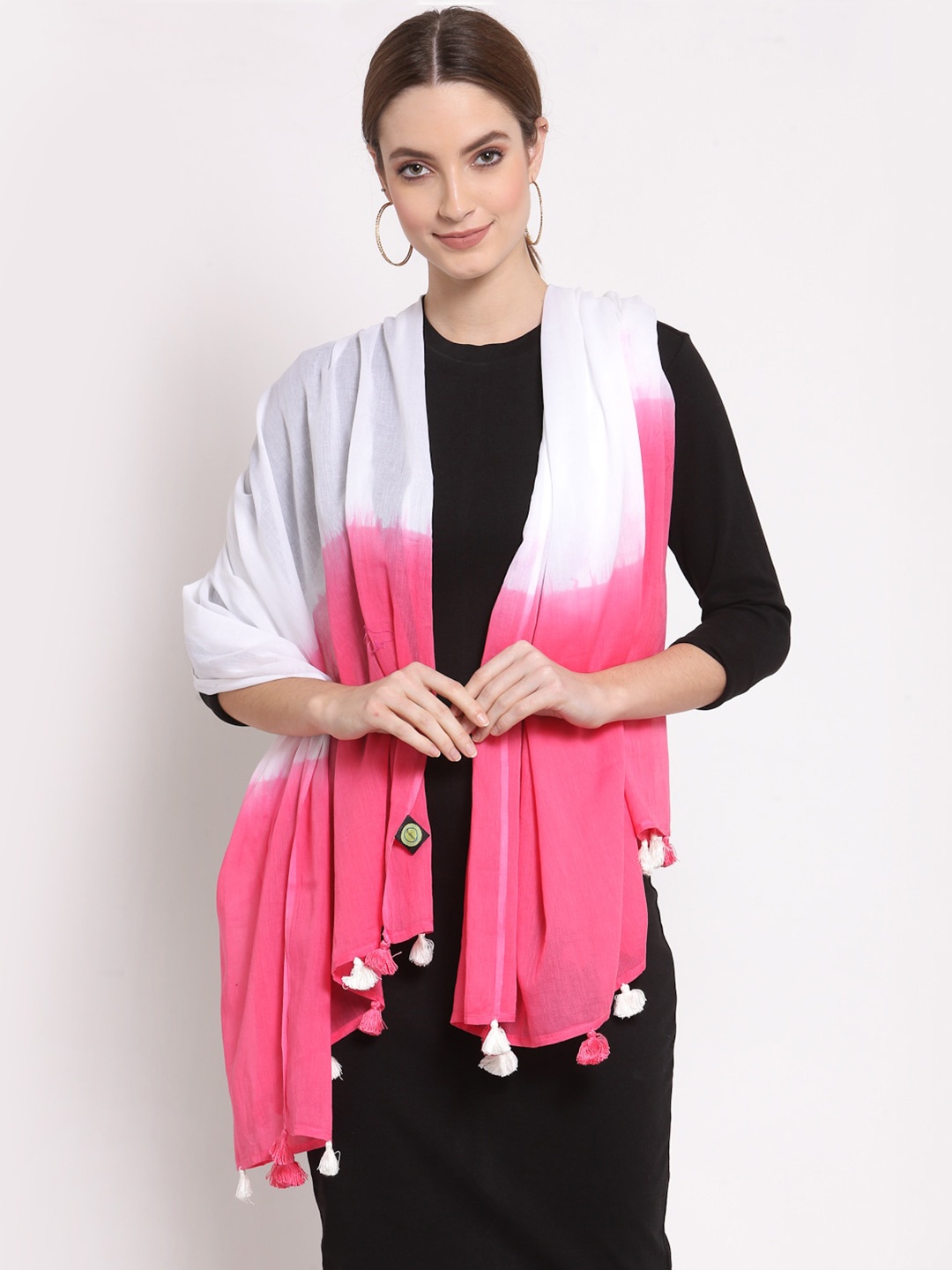 

Anekaant Women White & Pink Ombre Scarf With Tassels