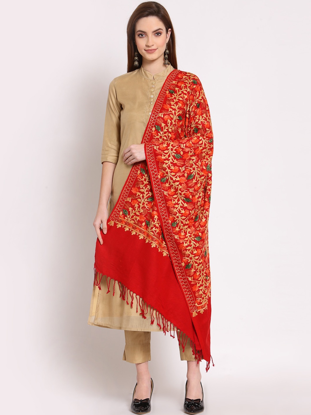 

Anekaant Women Red & Beige Embroidered Woolen Shawl