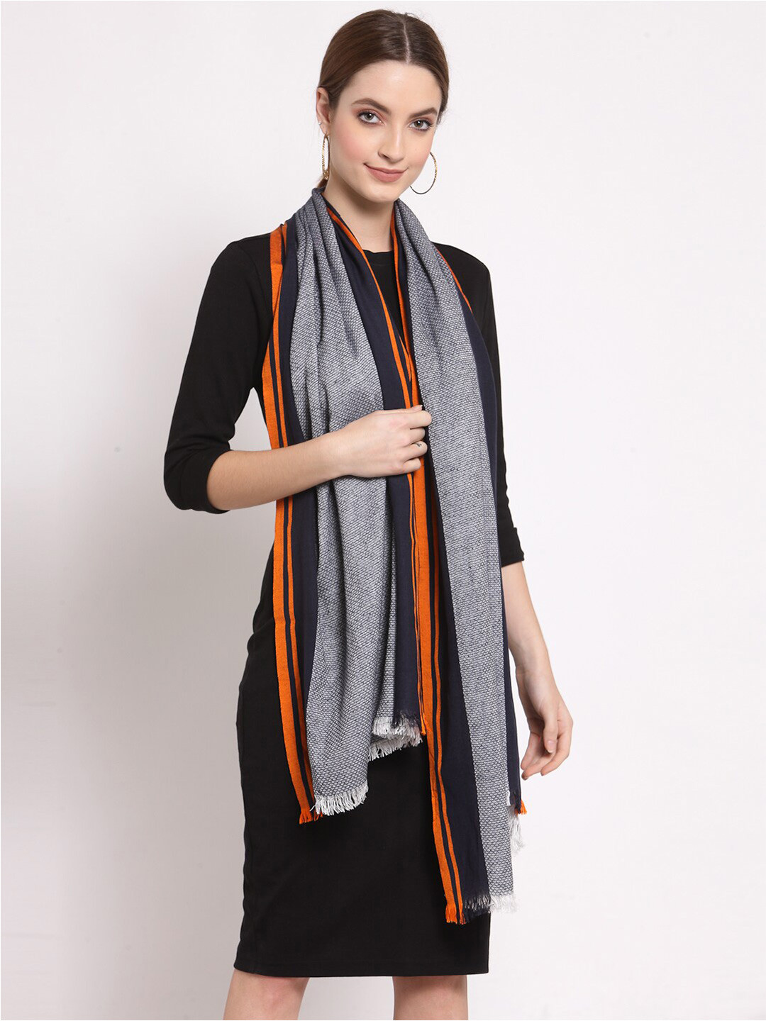 

Anekaant Women Grey & Orange Woven Design Stole